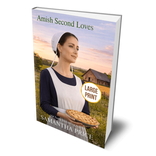 Book titled 'Amish Second Loves' by Samantha Price with a woman holding a pie on the cover.