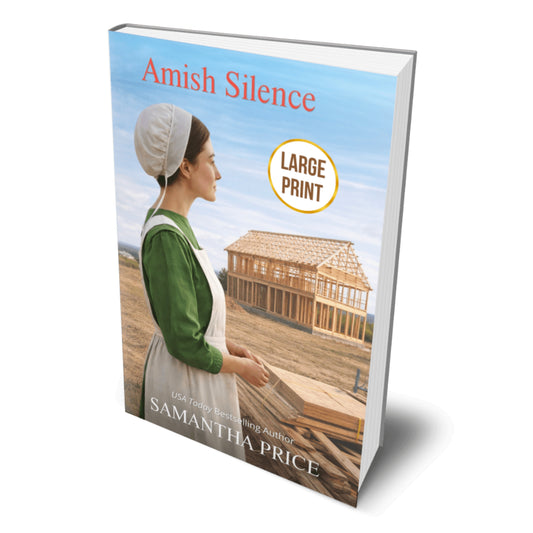 Book titled 'Amish Silence' by Samantha Price with a large print label on a white background