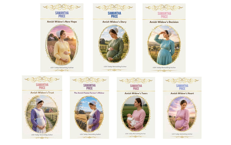 Seven book covers for the Samantha Price 'Anish Widow' series are arranged in two rows on a plain white background. The covers feature cream-colored backgrounds with gold decorative borders, purple and blue title text, and oval photos of pregnant women in various colored dresses.