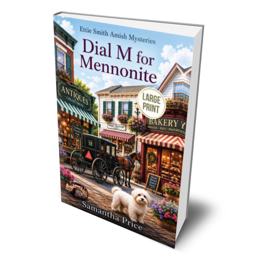 Book cover of 'Dial M for Mennonite' by Samantha Price with a town scene illustration.