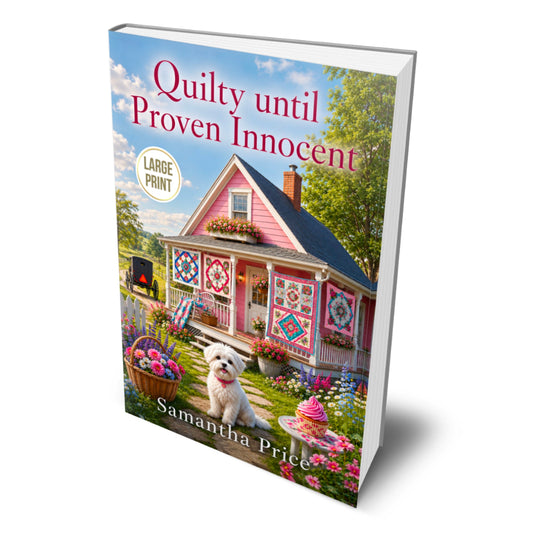 Book cover of 'Quilty until Proven Innocent' by Samantha Price with a house and dog illustration.