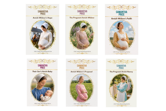 Six book covers arranged in two rows on a white background. Each cover is for a Samantha Pride novel by Lisa Joy, featuring a cream-colored design with gold decorative borders and a central oval photo of the author holding a baby or pregnant belly.