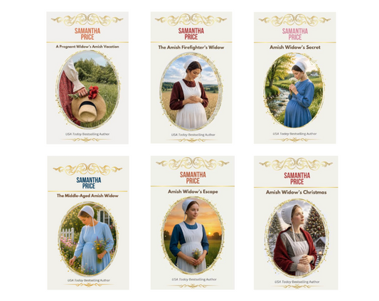 Six book covers from the Samantha Price series arranged in a 2x3 grid on a white background. The covers feature vintage-style portraits of women in historical clothing, with titles including A Pregnant Widow's Amish Vacation, The Amish Firefighter's Widow, Amish Widow's Secret, The Middle-Aged Amish Widow, Amish Widow's Escape, and Amish Widow's Christmas.
