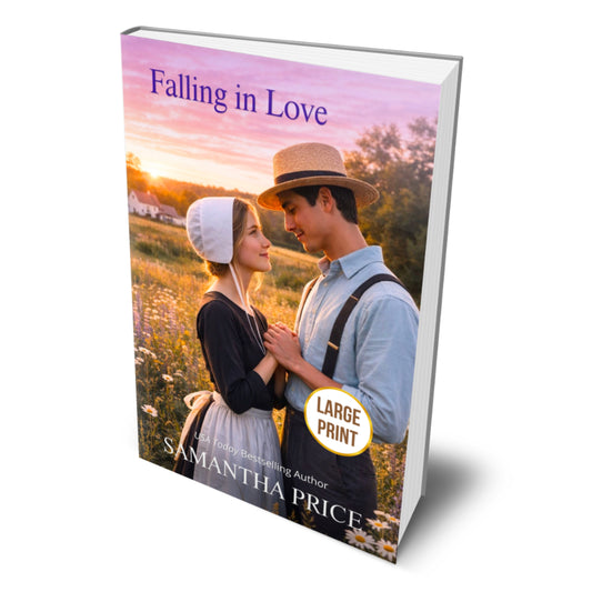 book cover falling in love large print, an amish romance book