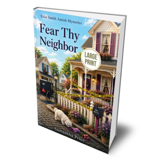 Book titled 'Fear Thy Neighbor' with a large print label on a white background
