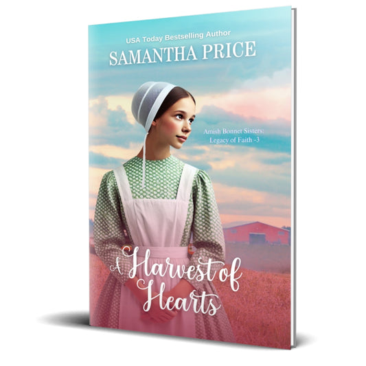 Book cover of 'A Harvest of Hearts' by Samantha Price with a woman in Amish clothing against a sunset sky.