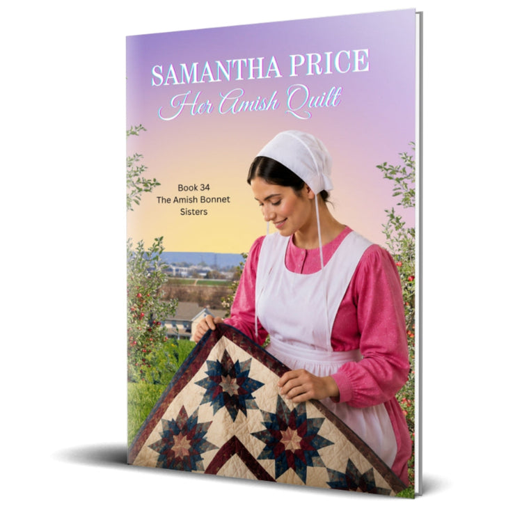 her amish quilt paperback, amish woman in a pink dress holding a quilt