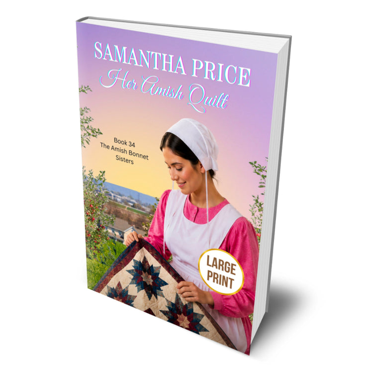 her amish quilt large print cover an amish woman holding a quilt