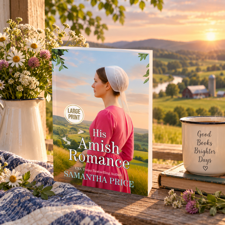 His amish romance book, in large print, depicting an amish woman in a pink dress.