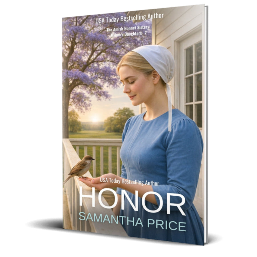 Book cover featuring a woman in an Amish dress with a bird on a porch, titled 'Honor' by Samantha Price.