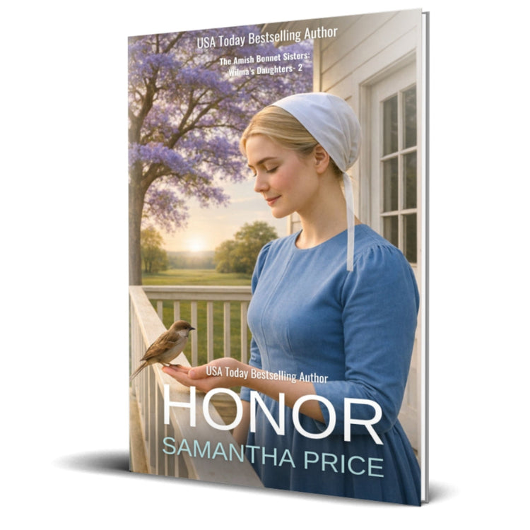 Book cover featuring a woman in an Amish dress with a bird on a porch, titled 'Honor' by Samantha Price.