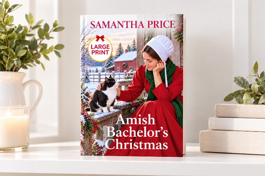 large print amish book christmas, amish woman in a red dress patting a  black and white cat