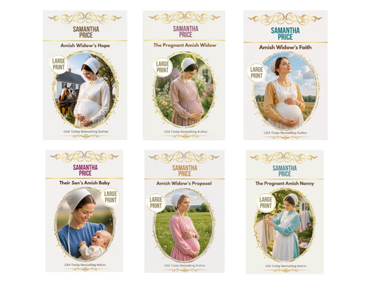 Six book covers arranged in a 2x3 grid on a white background. Each cover features the author name Samantha Price and a different title from the Amish Widow series, including Hope, The Pregnant Amish Widow, Amish Widow's Faith, Their Son's Amish Baby, Amish Widow's Proposal, and The Pregnant Amish Widow.
