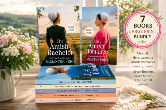 A stack of romance novels by Samantha Price is displayed on a tabletop with a vase of pink flowers and a bright window in the background. Two books are standing upright in front of the stack, and a circular badge on the right reads '7 Books Large Print Bundle.