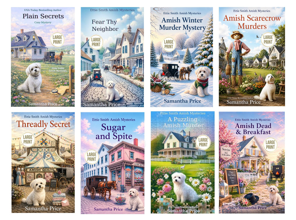 Collection of book covers by Samantha Price featuring Amish settings and a white dog.