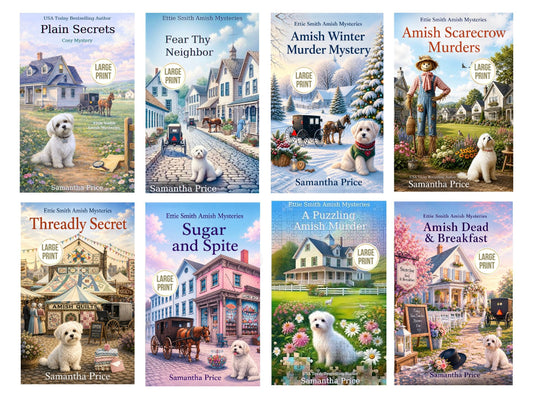 Collection of book covers by Samantha Price featuring Amish settings and a white dog.