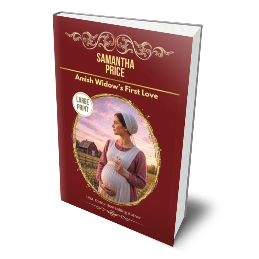 amish widow's first love paperback book, depicting a pregnant amish woman holding flowers in front of a barn.