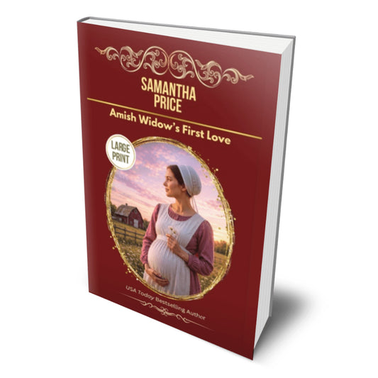 amish widow's first love paperback book, depicting a pregnant amish woman holding flowers in front of a barn.