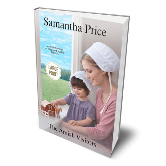 Book cover of 'The Amish Visitors' by Samantha Price with a woman and child on a white background