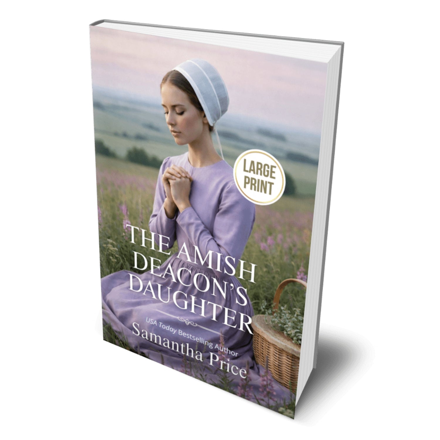 Book titled 'The Amish Deacon's Daughter' by Samantha Price with a woman in a purple dress on the cover.