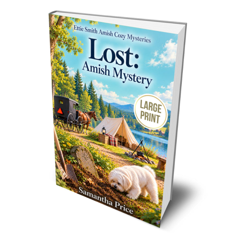 Lost amish mystery large print paperback edition depicting a white dog and a campsite with an amish horse and buggy