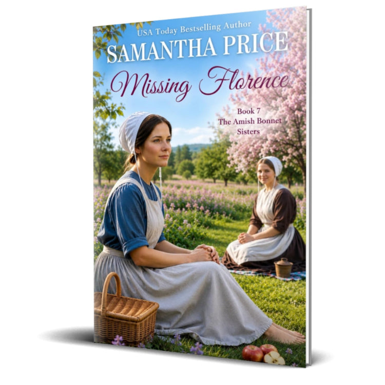 Book cover for 'Missing Florence' by Samantha Price, showing two women in historical dress sitting in a flower field with a basket and apples, set against a clean white background with a soft shadow.