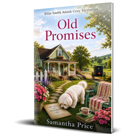 Book cover of 'Old Promises' by Samantha Price with a scenic view and dog on a porch.