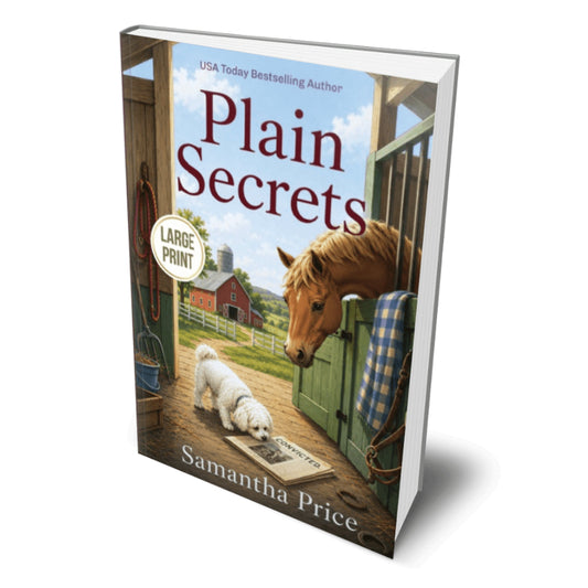 Book titled 'Plain Secrets' by Samantha Price with a horse and dog on the cover