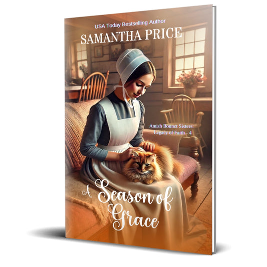 Book cover of 'A Season of Grace' by Samantha Price featuring a woman in Amish attire with a cat.