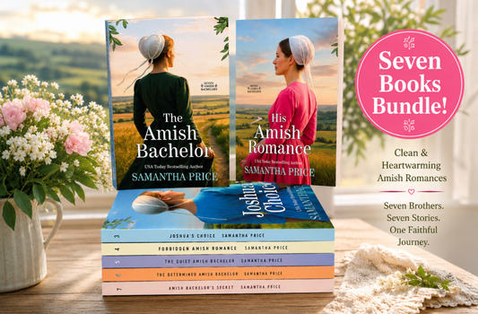 A book bundle set featuring seven Amish romance novels by Samantha Price, including 'The Amish Bachelor', 'His Amish Romance', and others stacked on a table with a floral arrangement and a 'Seven Books Bundle!' promotional badge.