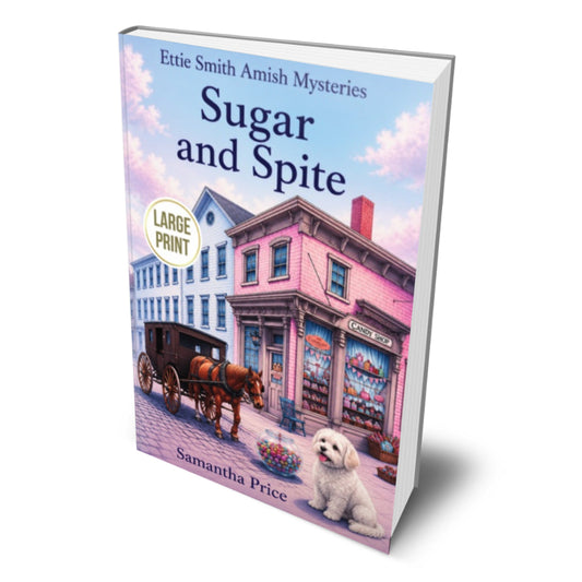 Book cover of 'Sugar and Spite' by Samantha Price with a town scene and dog illustration.