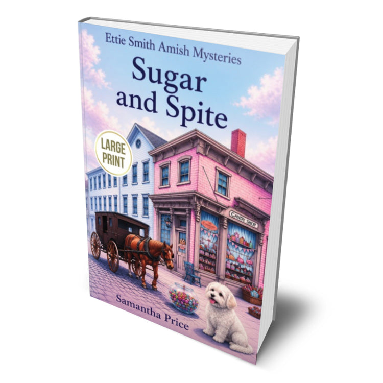 Book cover of 'Sugar and Spite' by Samantha Price with a town scene and dog illustration.