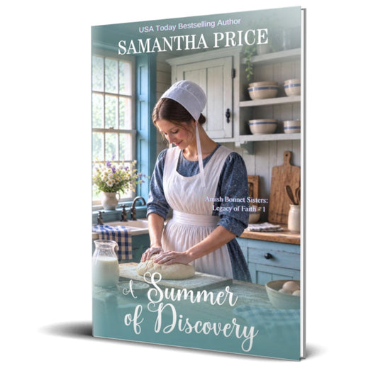 Book cover for 'A Summer of Discovery' by Samantha Price, featuring a woman in a white apron and bonnet kneading dough in a bright kitchen. The book is shown standing upright against a clean white background with a soft shadow.