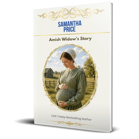 A book cover for 'Amish Widow's Story' by Samantha Price, shown as a 3D mockup on a white background. The cover features a cream-colored background with gold decorative flourishes, blue author text, and a central oval photo of a pregnant woman in an Amish-style dress standing in a field.