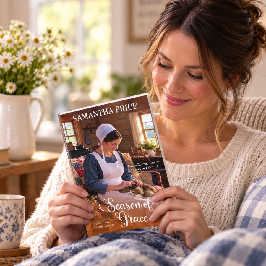 A woman in a cozy indoor setting holds a cookbook titled 'A Season of Grace' by Samantha Price. 
