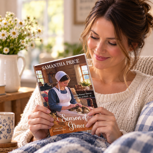 A woman in a cozy indoor setting holds a cookbook titled 'A Season of Grace' by Samantha Price. 