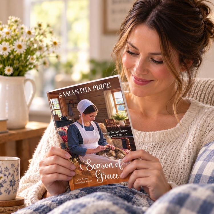 A woman in a cozy indoor setting holds a cookbook titled 'A Season of Grace' by Samantha Price. 