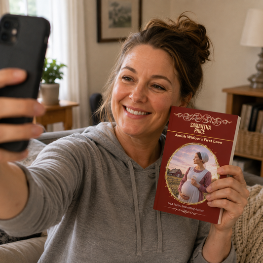 woman holding amish widows first love book, the woman holding the book is taking a selfie with it.
