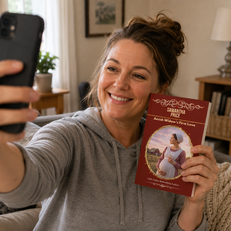 woman holding amish widows first love book, the woman holding the book is taking a selfie with it.